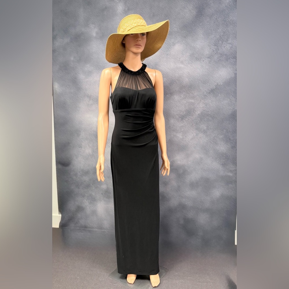 Black evening gown. Halter top w/ sequins. Calvin Klein. Size 6P.